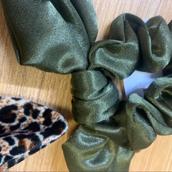 Set of 3 Bunny Ear Scrunchies - Leopard/Gold/Olive - Picture 4 of 6